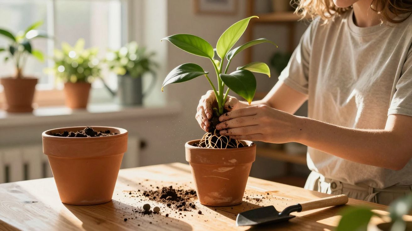 Pessoa a transplantar planta verde em vaso de barro numa mesa com terra e ferramenta de jardinagem.