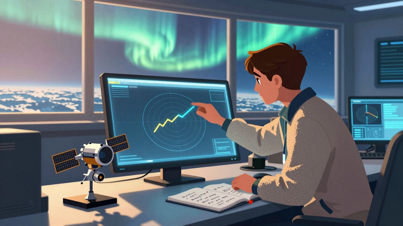 Jovem analisa dados num monitor com gráfico crescente, com aurora boreal visível pela janela.
