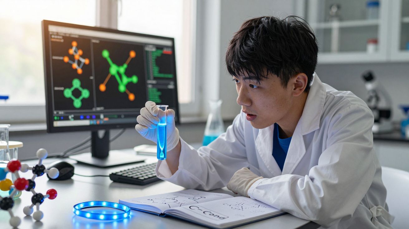 Cientista em laboratório observa tubo de ensaio com líquido azul, rodeado de equipamentos e modelos moleculares.