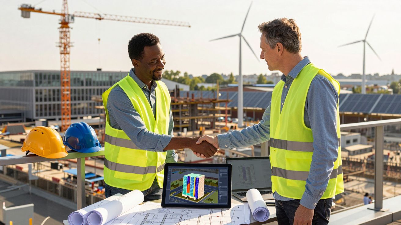 Dois engenheiros de construção com coletes refletivos apertam as mãos num canteiro de obras.