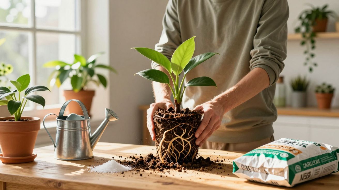 Pessoa transplantando planta com raízes expostas numa mesa de madeira iluminada por luz natural.