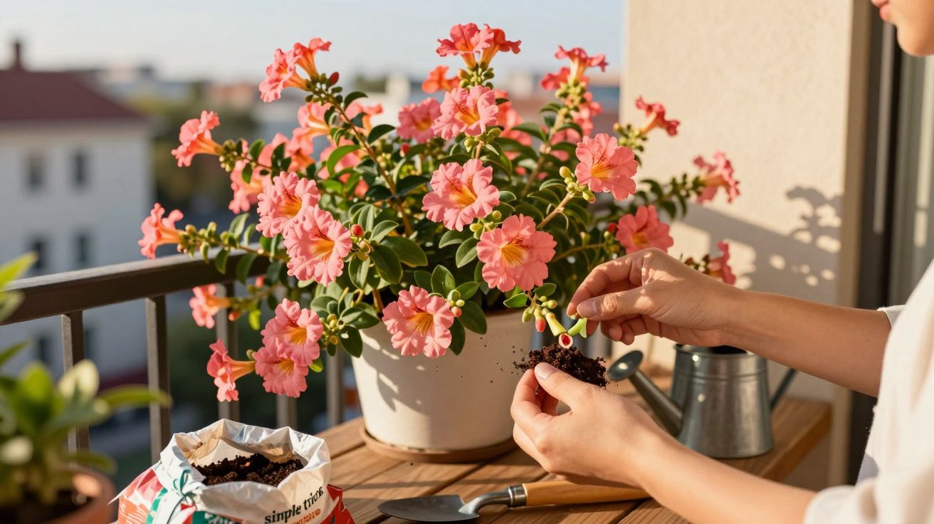 Pessoa a remover sementes e terra enquanto cuida de flor rosa numa varanda ensolarada.