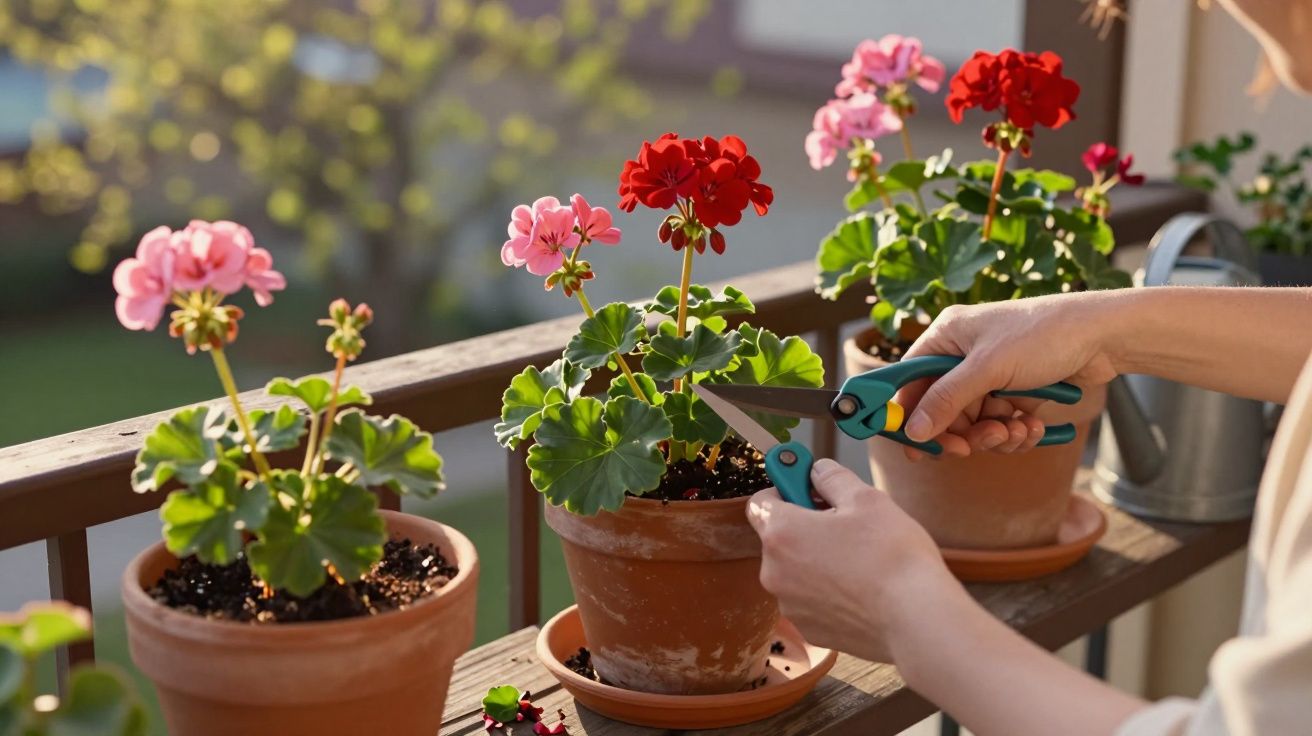 Pessoa a podar flores vermelhas e rosas em vasos de barro num parapeito exterior ensolarado.