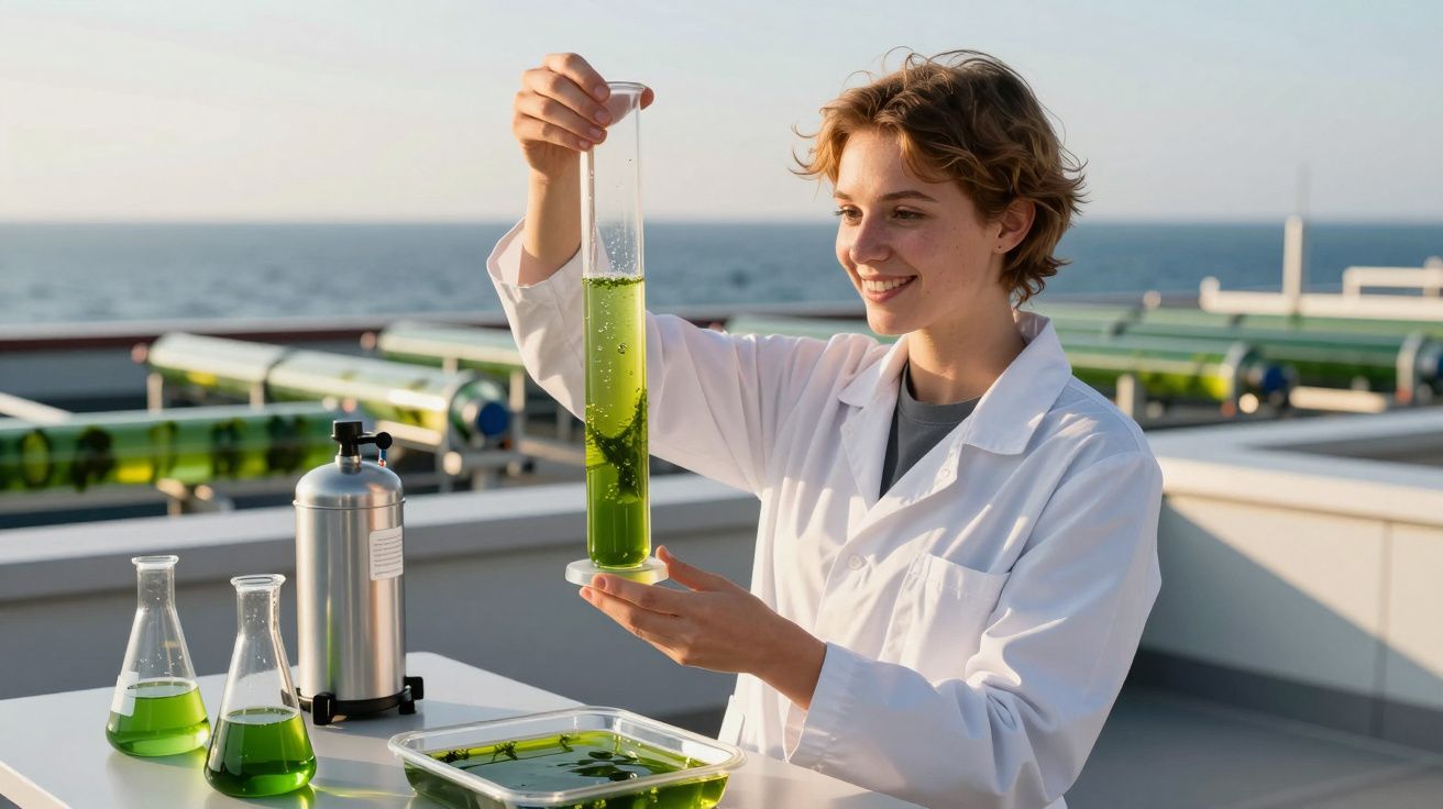 Jovem cientista com bata branca segura cilindro com algas verdes em laboratório ao ar livre junto ao mar.