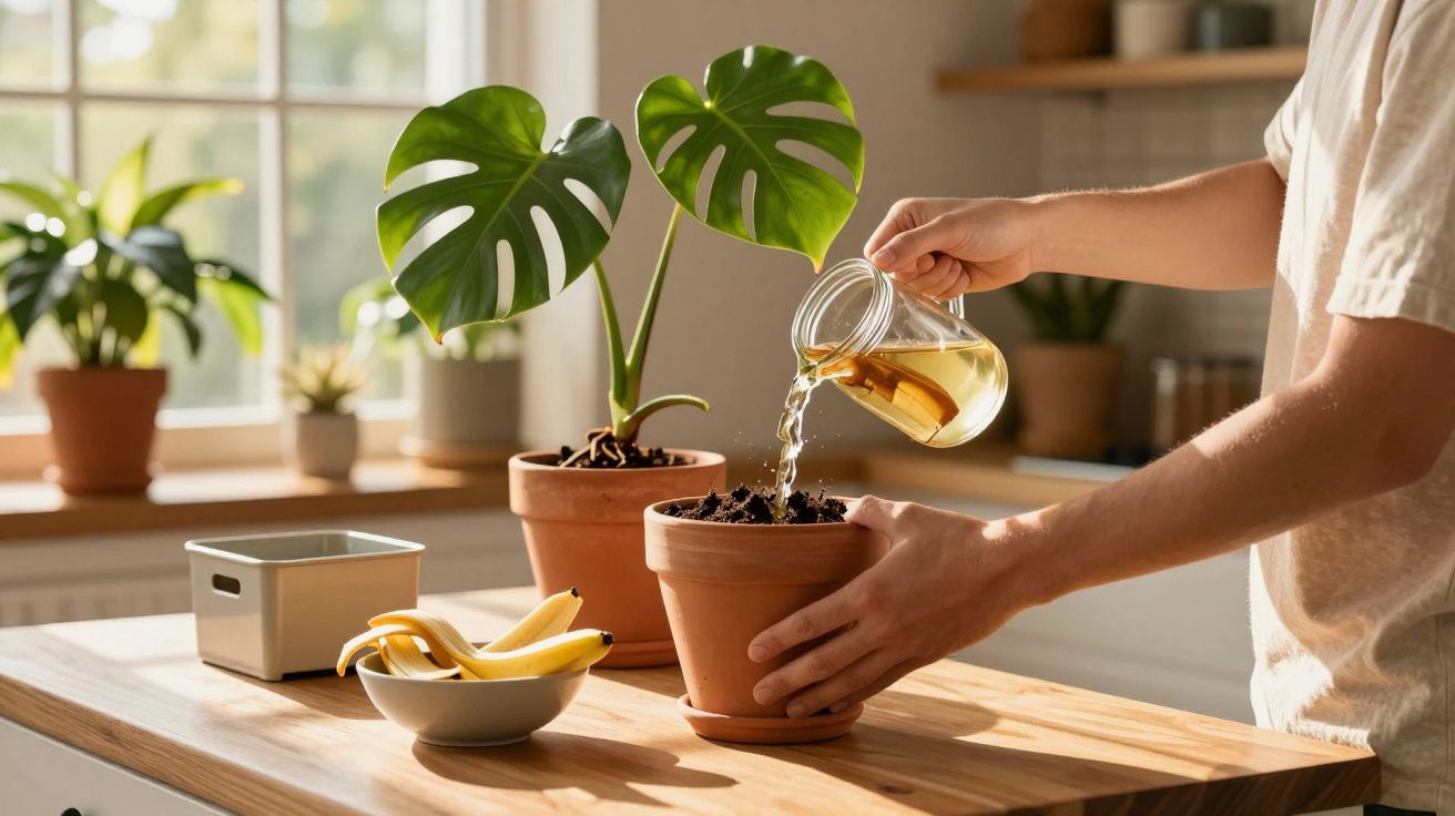 Pessoa a regar planta em vaso de barro numa cozinha iluminada pelo sol com outras plantas ao fundo.