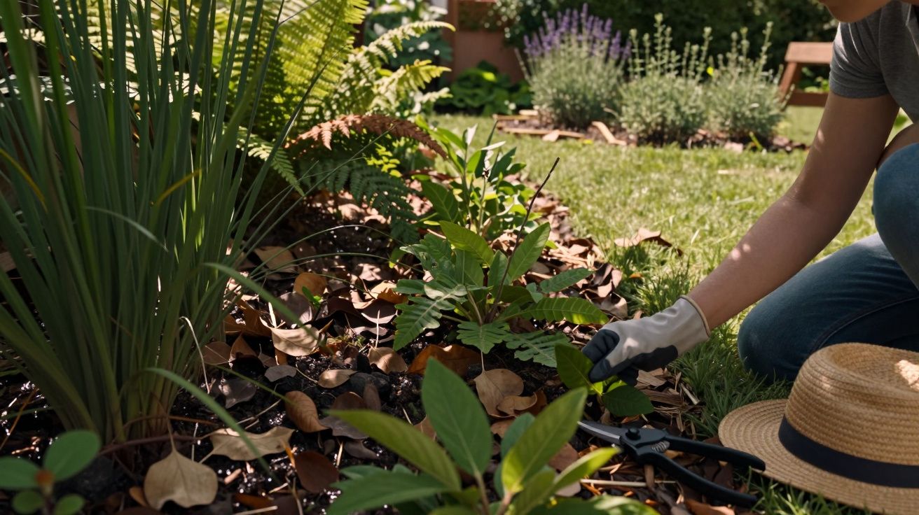 Pessoa a cuidar de plantas num jardim, com luvas e chapéu de palha ao lado, em dia soalheiro.