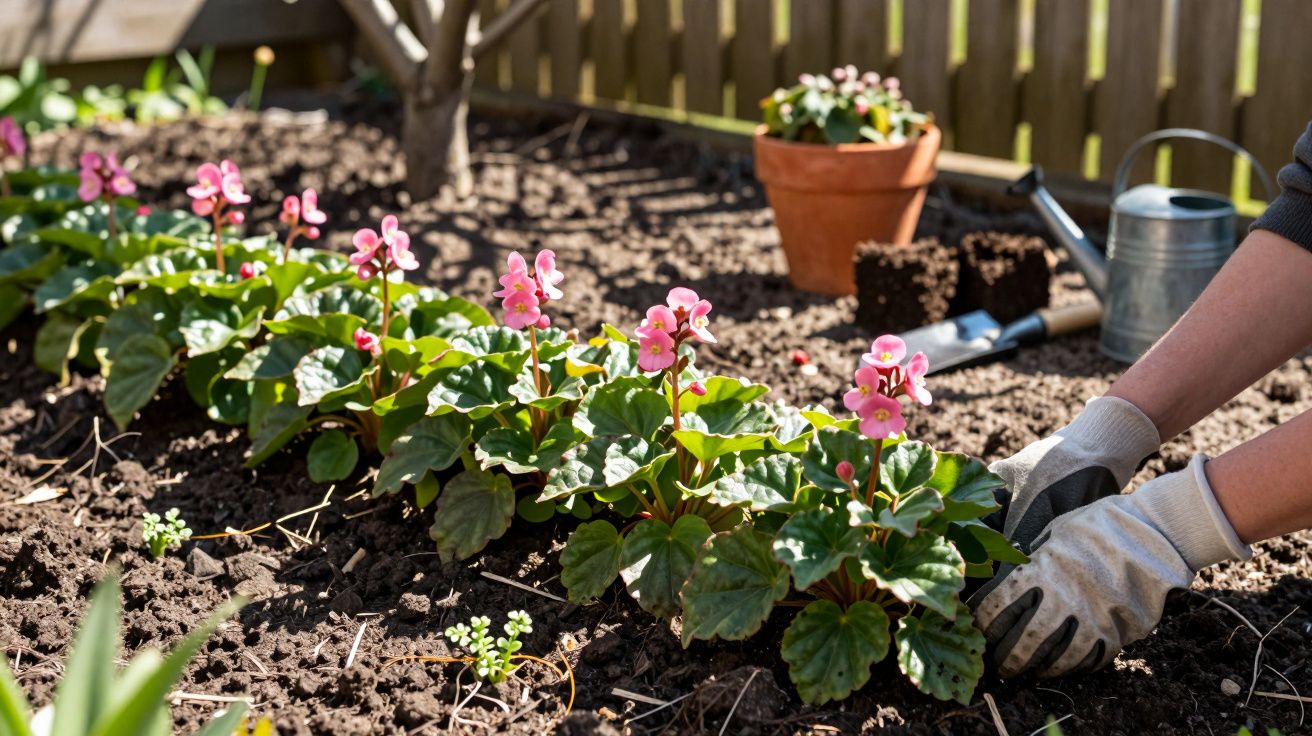 Mãos com luvas a plantar flores cor-de-rosa num jardim com terra solta e ferramentas ao fundo.