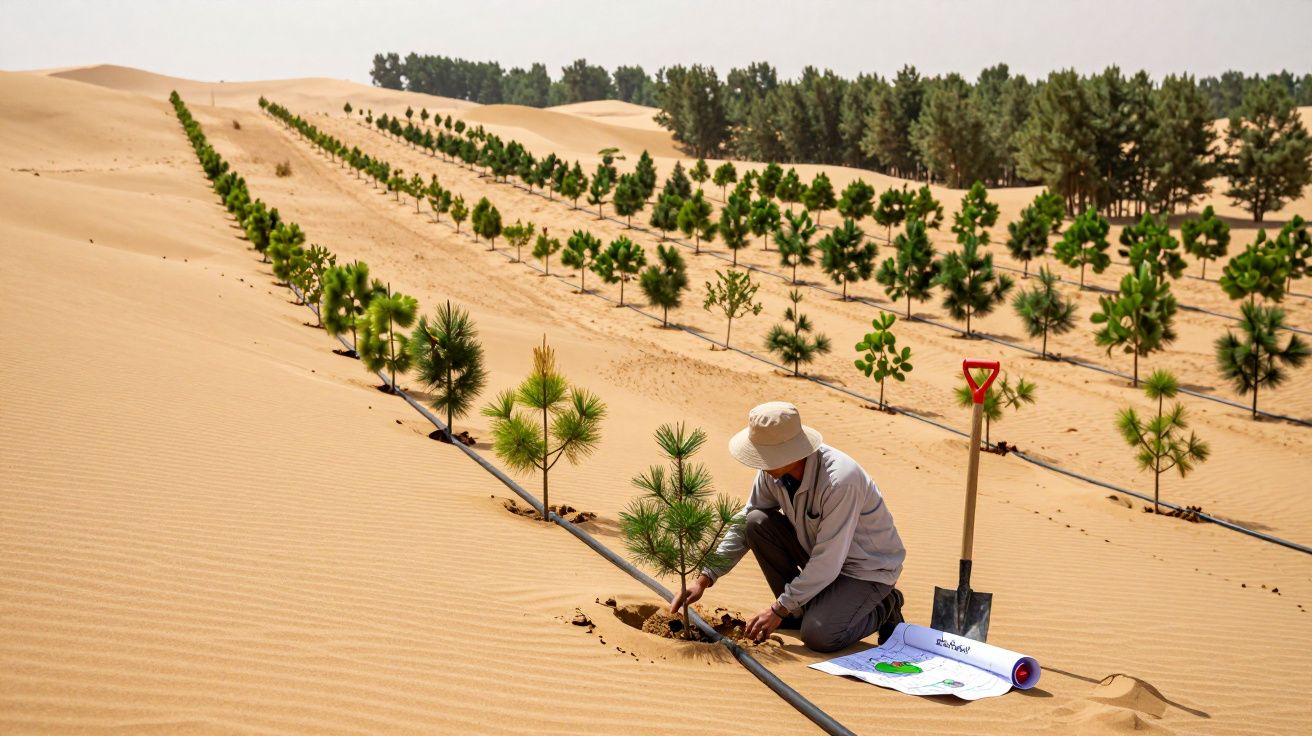 Homem a plantar árvores jovens em fileiras num terreno desértico com pipas de irrigação.