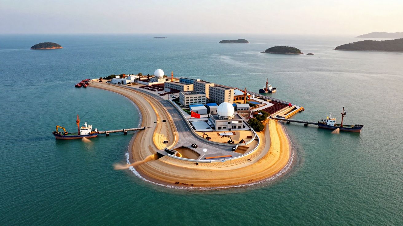Ilha artificial com edifícios, antenas, barcos atracados e pequenas ilhas ao redor em mar calmo.