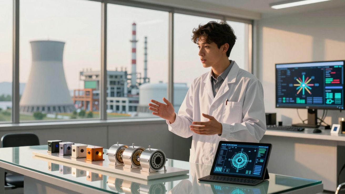 Homem de jaleco branco a apresentar modelos mecânicos numa sala com vista para uma central industrial.