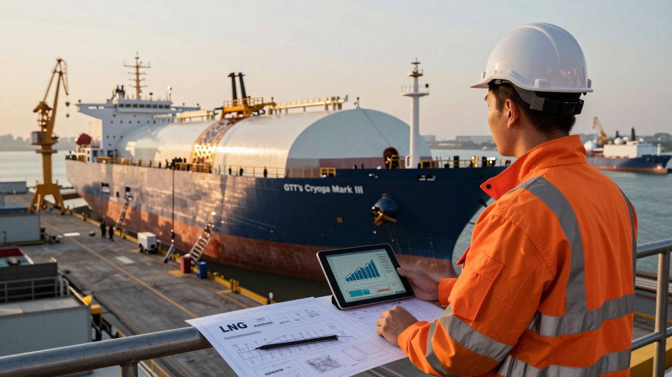 Homem de segurança com capacete e colete laranja analisa dados num tablet junto a um navio de transporte de GNL.