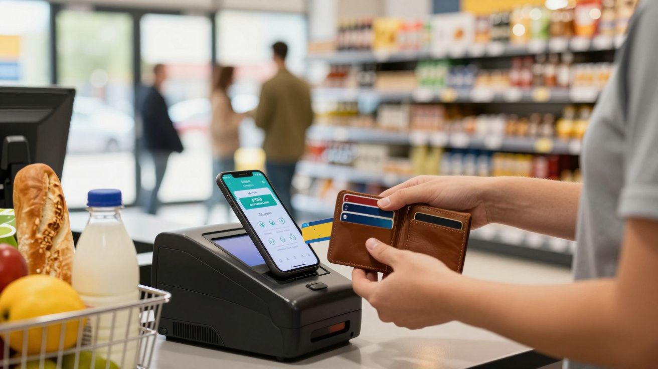 Pessoa a usar carteira para pagamento digital por telemóvel numa caixa de supermercado com cesta de compras perto.