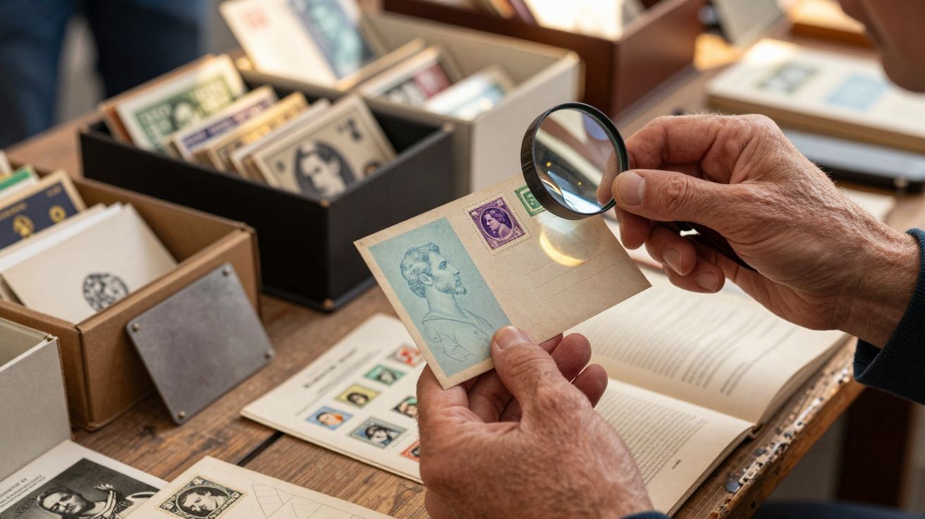 Mãos seguram lupa a examinar um cartão postal antigo com selos, sobre mesa com álbuns e caixas de selos.