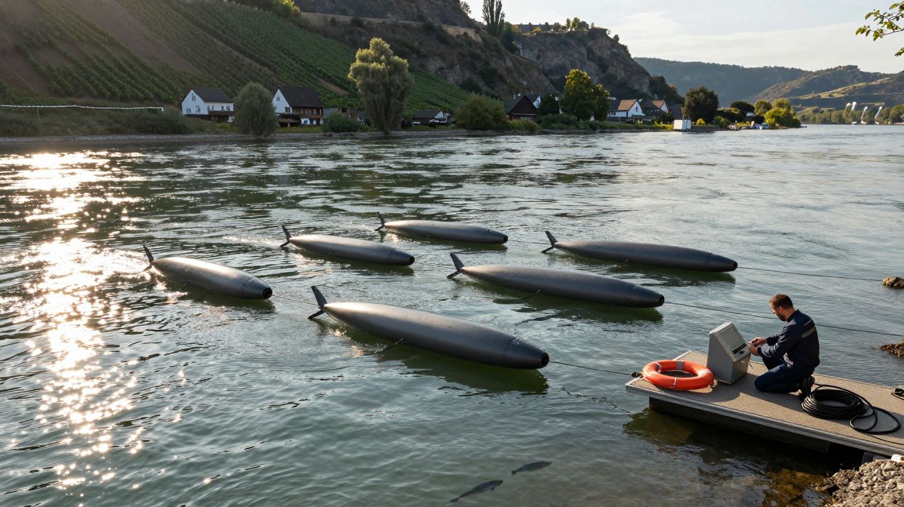 Barco em formato de torpedo flutua no rio com homem a trabalhar no cais junto a casas e vinhas em encosta.