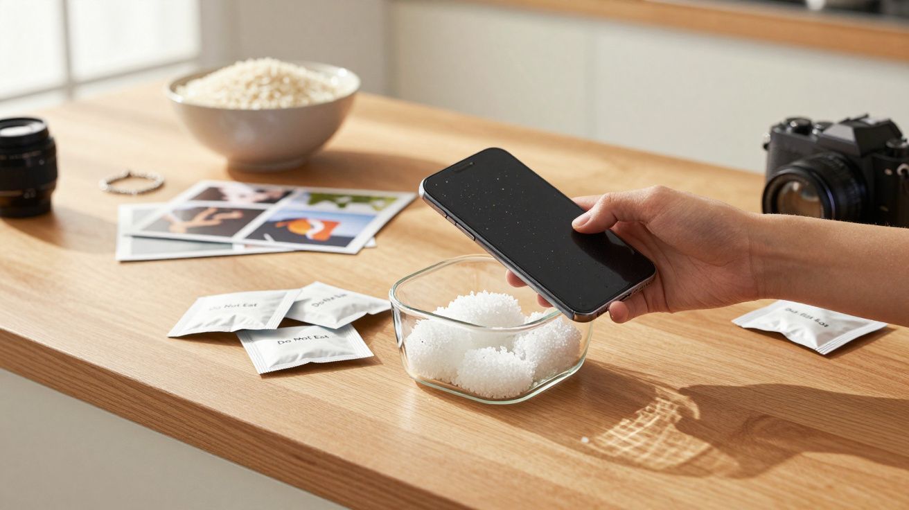 Pessoa a usar telemóvel para carregar bolas de tic tac eletrónicas num recipiente de vidro sobre uma mesa de madeira.