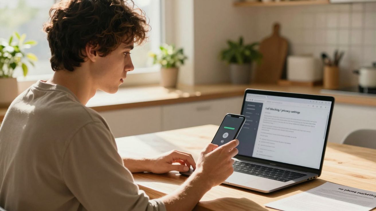 Homem sentado a usar telemóvel e portátil numa cozinha iluminada a trabalhar ou estudar.