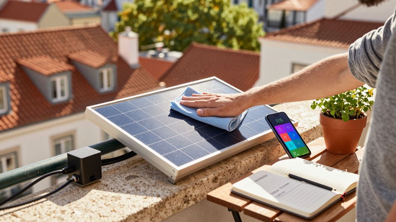 Pessoa limpa painel solar pequeno num parapeito exterior com smartphone e caderno ao lado num dia ensolarado.