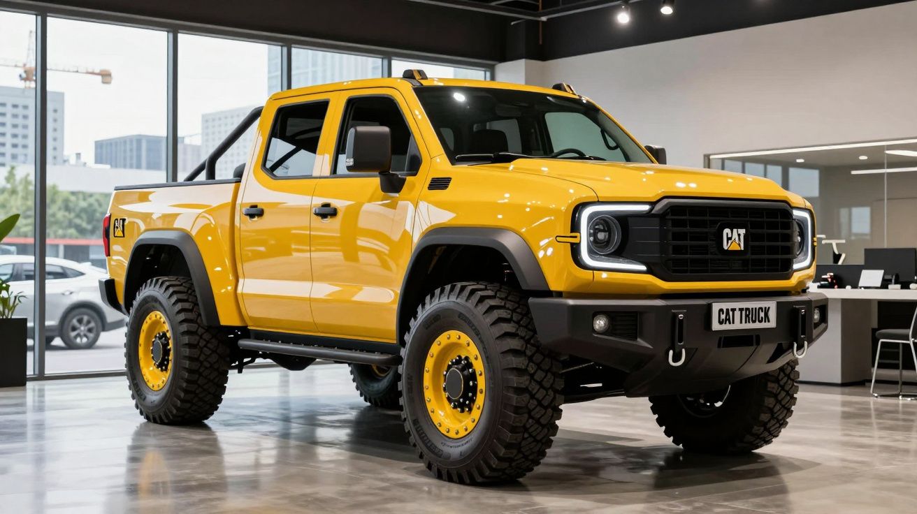 Camião pick-up amarelo CAT moderno em exposição dentro de um showroom com grandes janelas.