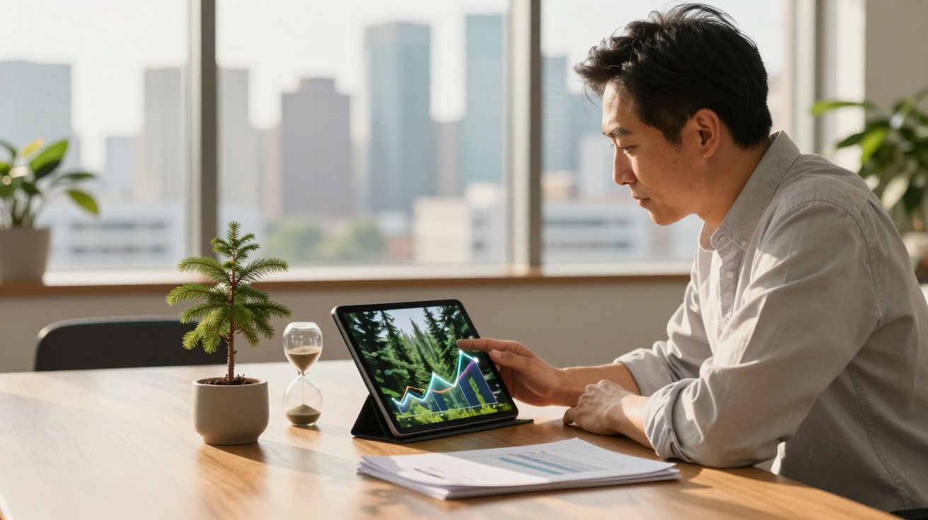 Homem a analisar gráficos de crescimento ambiental numa tablet num escritório com vista para a cidade.