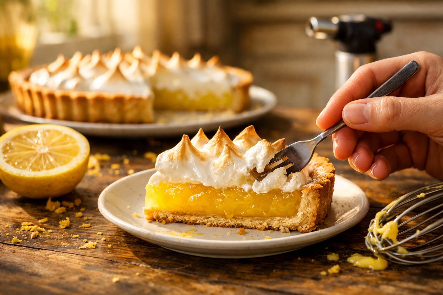 Fatia de tarte de limão com merengue a ser cortada com garfo, com limão e restante tarte ao fundo.