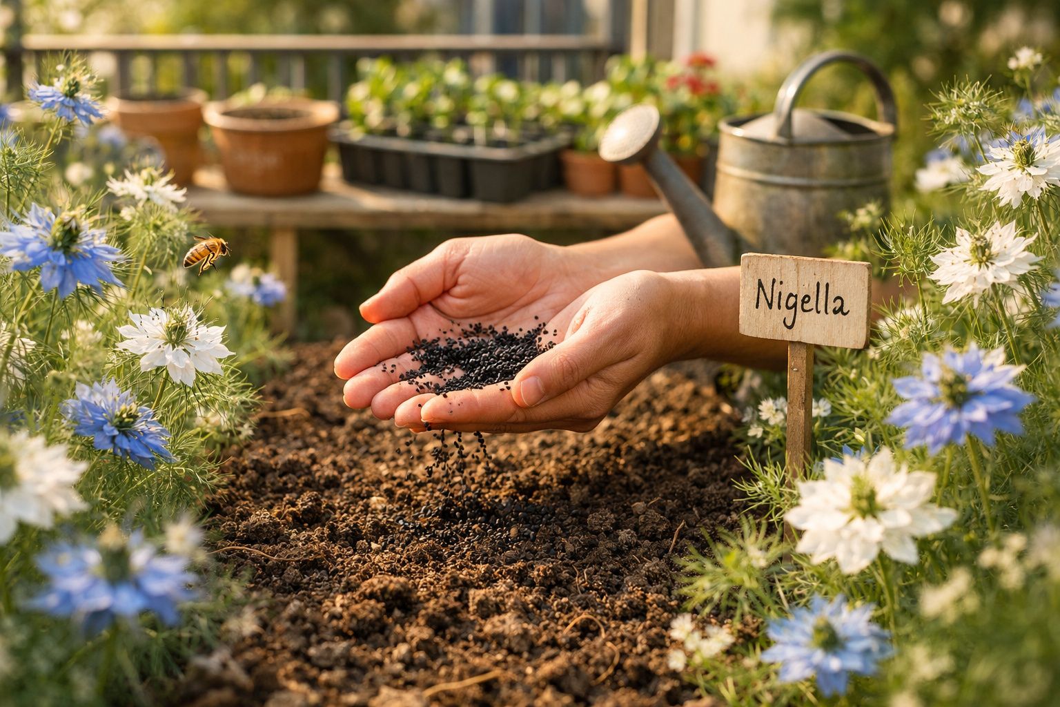 Mãos a semear sementes pretas em terra de uma horta perto de flores Nigella brancas e azuis.