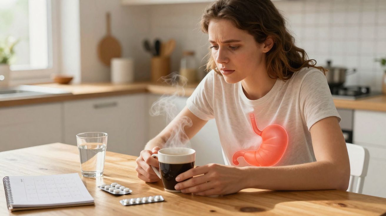 Mulher com expressão de dor abdominal segurando chá quente, comprimidos e copo de água numa cozinha.