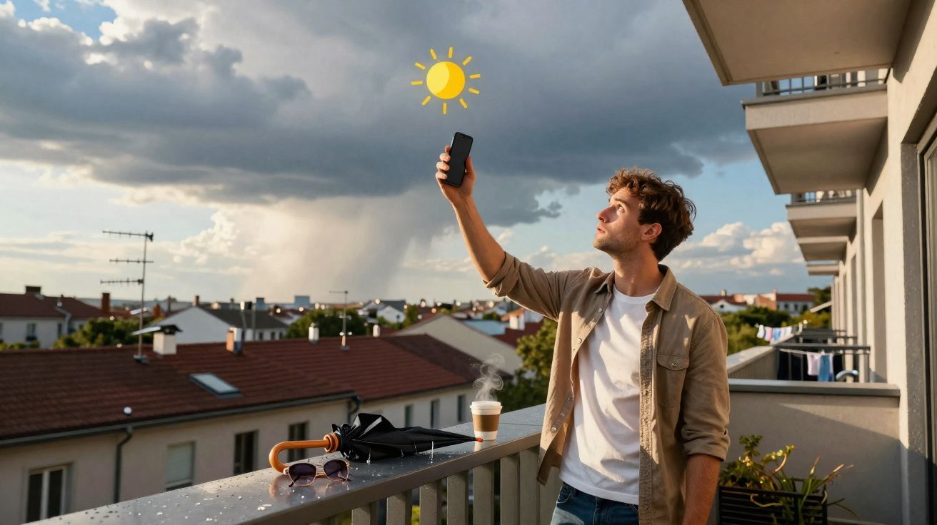 Homem num terraço de manhã, segurando telemóvel ao sol, com guarda-chuva, óculos e café quente na varanda.