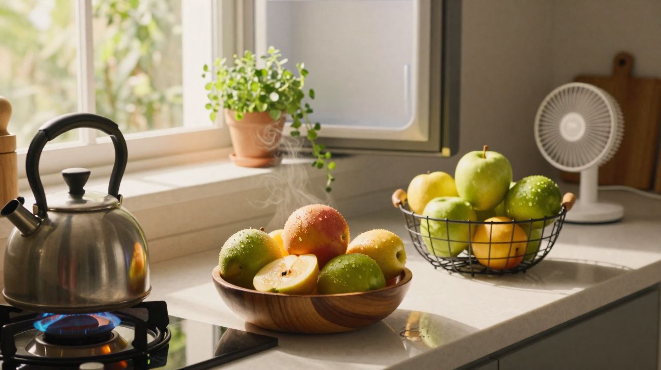 Bule a ferver no fogão, frutas variadas em taças de madeira e metal, com luz natural a entrar pela janela.