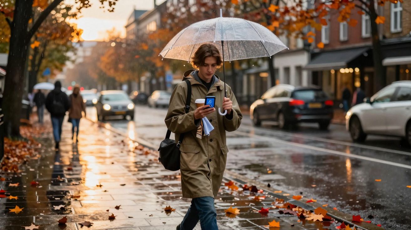 Pessoa a andar na rua com chapéu de chuva e olhar no telemóvel numa tarde chuvosa de outono.