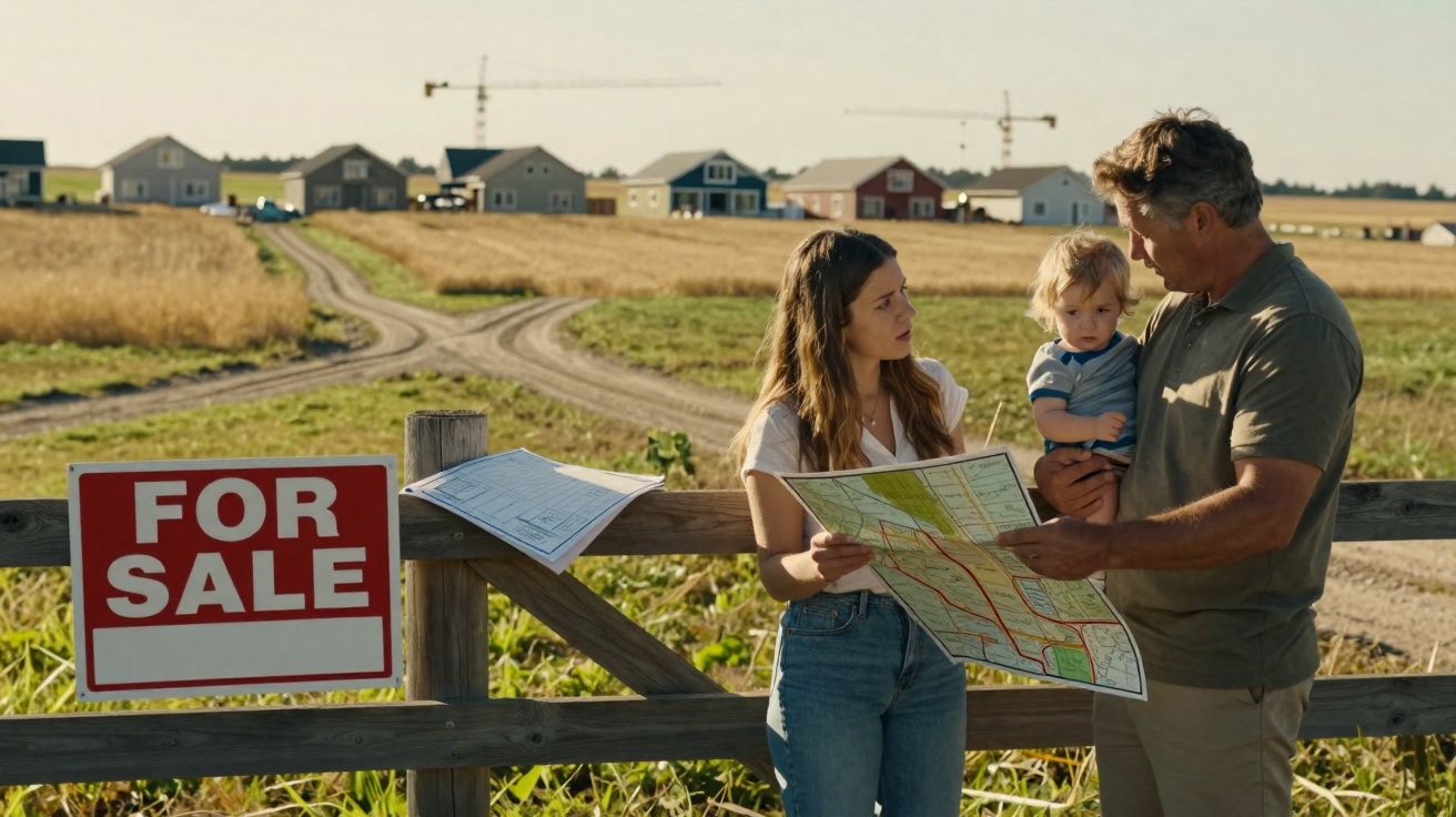 Homem, mulher e criança junto a terreno com placa de "Vende-se" e mapa na mão, casas ao fundo.