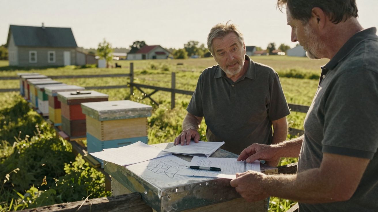 Dois homens discutem documentos ao lado de colmeias coloridas numa quinta ao ar livre.