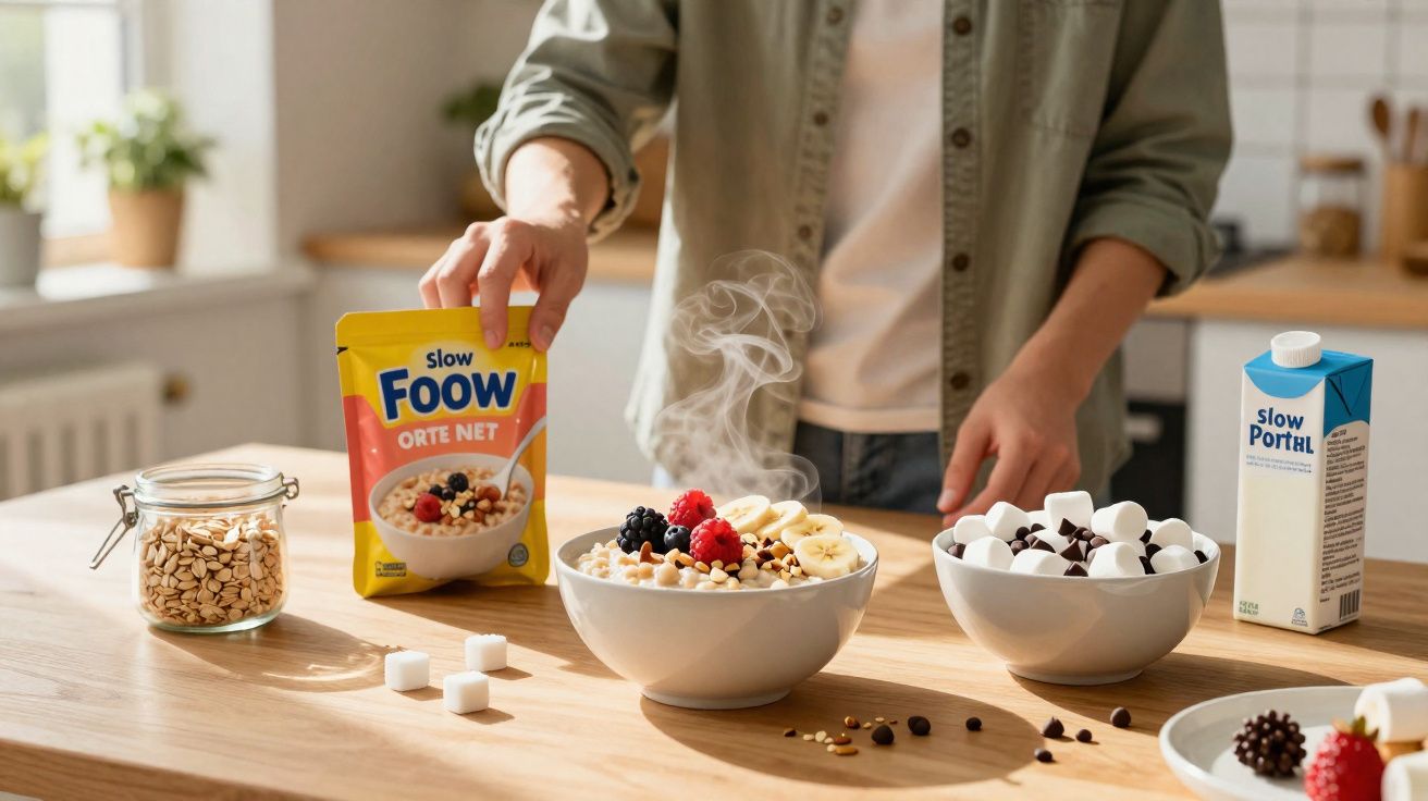 Pessoa a preparar um pequeno-almoço saudável com aveia, frutas, marshmallows e bebida vegetal na cozinha.