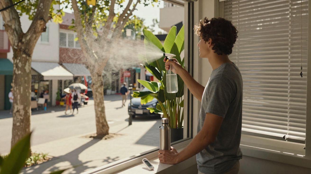 Homem borrifando planta junto a janela aberta em dia ensolarado na cidade.