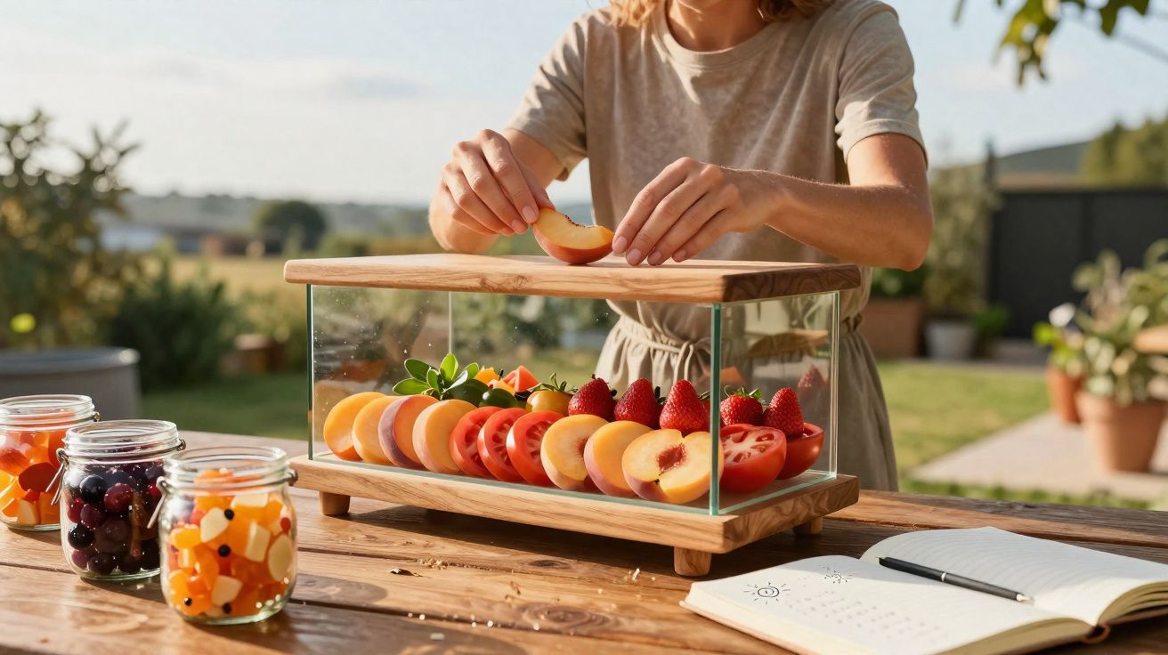 Pessoa a preparar frutas frescas cortadas em expositores de vidro numa mesa ao ar livre numa manhã ensolarada.