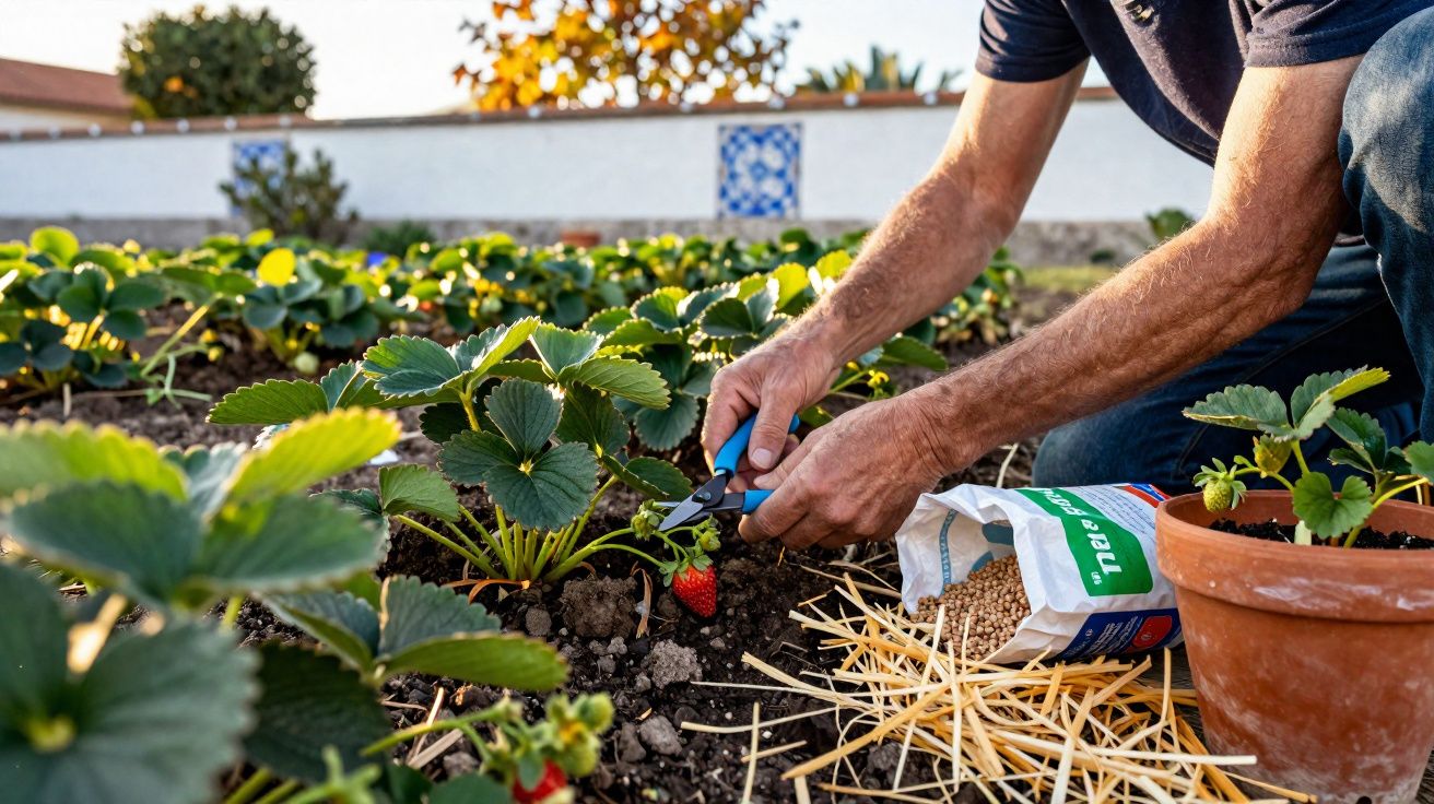 Pessoa colhendo morangos num canteiro com tesoura de poda, junto a saco de fertilizante e vaso de barro.