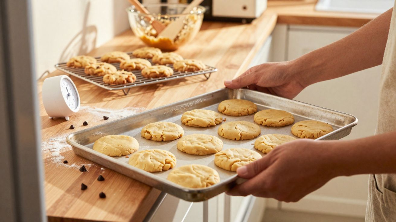 Pessoa a retirar tabuleiro com bolachas ainda cruas da banca da cozinha para colocá-las a assar.