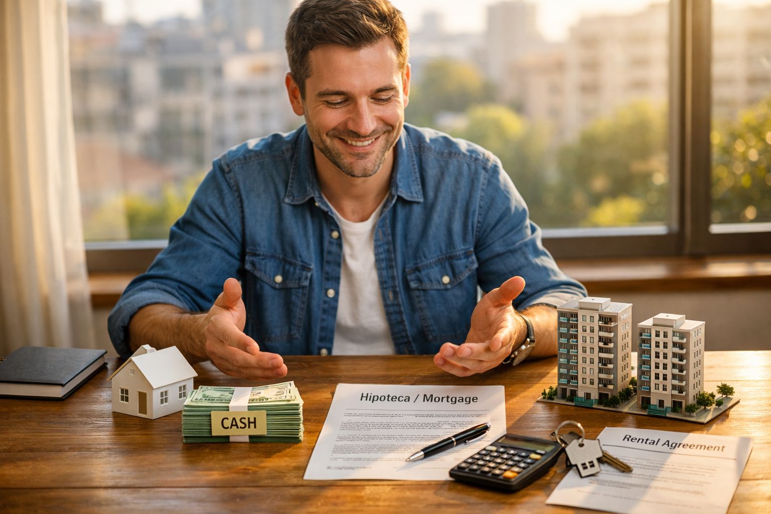 Homem sorri sentado à mesa com maquetes de casas, pilha de dinheiro e documentos de hipoteca e arrendamento.